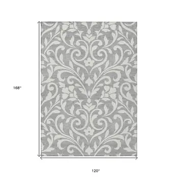 10' X 14' Gray And Ivory Floral Washable Indoor Outdoor Area Rug