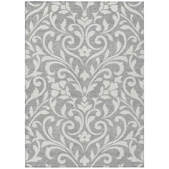 10' X 14' Gray And Ivory Floral Washable Indoor Outdoor Area Rug