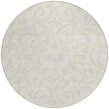 8' Ivory And Beige Round Floral Washable Indoor Outdoor Area Rug