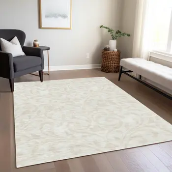 9' X 12' Ivory And Beige Floral Washable Indoor Outdoor Area Rug
