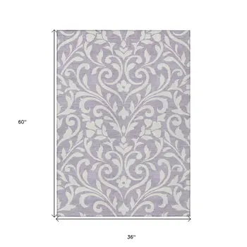 3' X 5' Lavender And Ivory Floral Washable Indoor Outdoor Area Rug