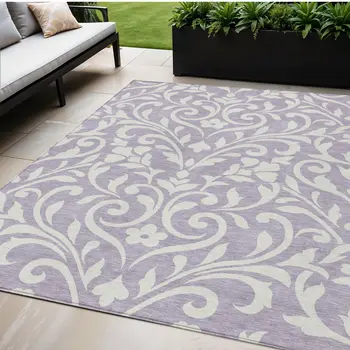 5' X 8' Lavender And Ivory Floral Washable Indoor Outdoor Area Rug