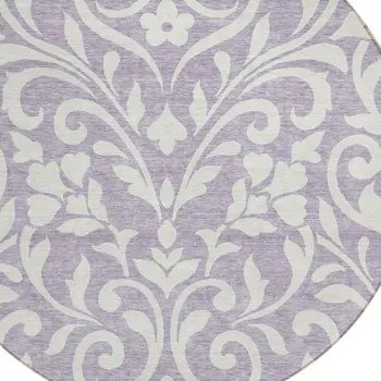 8' Lavender And Ivory Round Floral Washable Indoor Outdoor Area Rug