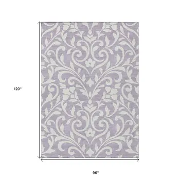 8' X 10' Lavender And Ivory Floral Washable Indoor Outdoor Area Rug