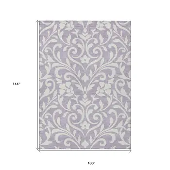 9' X 12' Lavender And Ivory Floral Washable Indoor Outdoor Area Rug