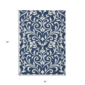 3' X 5' Navy Blue And Ivory Floral Washable Indoor Outdoor Area Rug