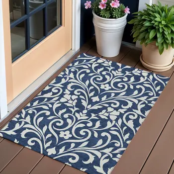3' X 5' Navy Blue And Ivory Floral Washable Indoor Outdoor Area Rug