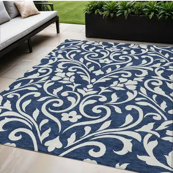 5' X 8' Navy Blue And Ivory Floral Washable Indoor Outdoor Area Rug