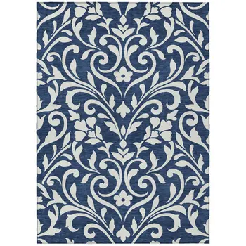 5' X 8' Navy Blue And Ivory Floral Washable Indoor Outdoor Area Rug