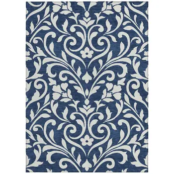 5' X 8' Navy Blue And Ivory Floral Washable Indoor Outdoor Area Rug