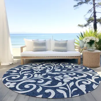 8' Navy Blue And Ivory Round Floral Washable Indoor Outdoor Area Rug