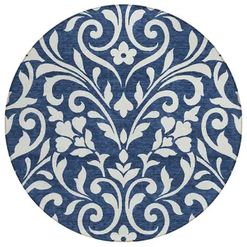 8' Navy Blue And Ivory Round Floral Washable Indoor Outdoor Area Rug