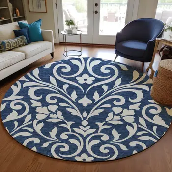8' Navy Blue And Ivory Round Floral Washable Indoor Outdoor Area Rug