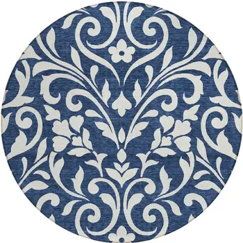 8' Navy Blue And Ivory Round Floral Washable Indoor Outdoor Area Rug