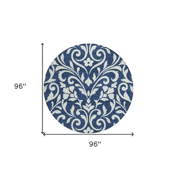 8' Navy Blue And Ivory Round Floral Washable Indoor Outdoor Area Rug