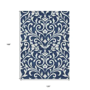 10' X 14' Navy Blue And Ivory Floral Washable Indoor Outdoor Area Rug