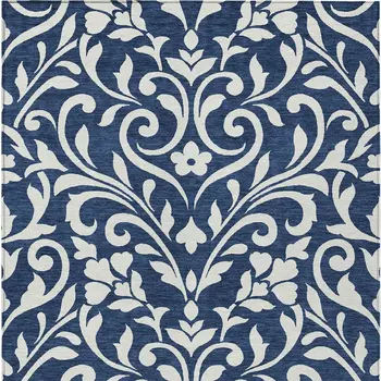 10' X 14' Navy Blue And Ivory Floral Washable Indoor Outdoor Area Rug