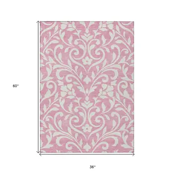 3' X 5' Pink And Ivory Floral Washable Indoor Outdoor Area Rug