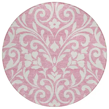 8' Pink And Ivory Round Floral Washable Indoor Outdoor Area Rug
