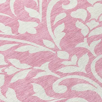 8' Pink And Ivory Round Floral Washable Indoor Outdoor Area Rug