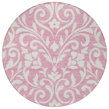 8' Pink And Ivory Round Floral Washable Indoor Outdoor Area Rug
