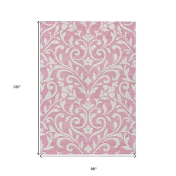 8' X 10' Pink And Ivory Floral Washable Indoor Outdoor Area Rug