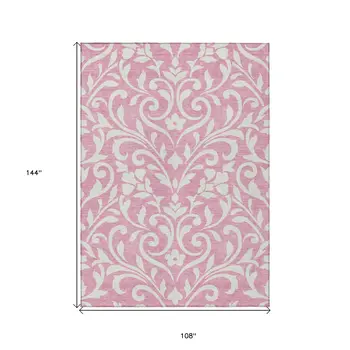 9' X 12' Pink And Ivory Floral Washable Indoor Outdoor Area Rug