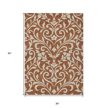 3' X 5' Brown And Beige Floral Washable Indoor Outdoor Area Rug