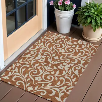 3' X 5' Brown And Beige Floral Washable Indoor Outdoor Area Rug
