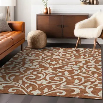 3' X 5' Brown And Beige Floral Washable Indoor Outdoor Area Rug