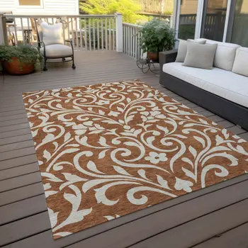 5' X 8' Brown And Beige Floral Washable Indoor Outdoor Area Rug