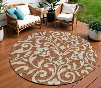 8' Brown And Beige Round Floral Washable Indoor Outdoor Area Rug