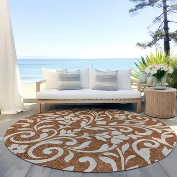 8' Brown And Beige Round Floral Washable Indoor Outdoor Area Rug