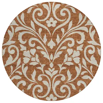 8' Brown And Beige Round Floral Washable Indoor Outdoor Area Rug