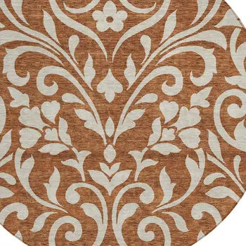 8' Brown And Beige Round Floral Washable Indoor Outdoor Area Rug