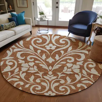 8' Brown And Beige Round Floral Washable Indoor Outdoor Area Rug