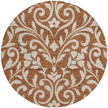 8' Brown And Beige Round Floral Washable Indoor Outdoor Area Rug