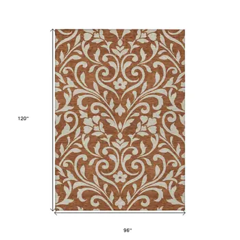 8' X 10' Brown And Beige Floral Washable Indoor Outdoor Area Rug