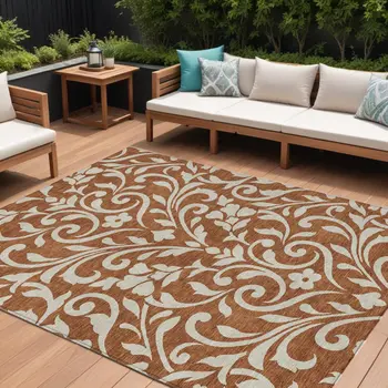 8' X 10' Brown And Beige Floral Washable Indoor Outdoor Area Rug