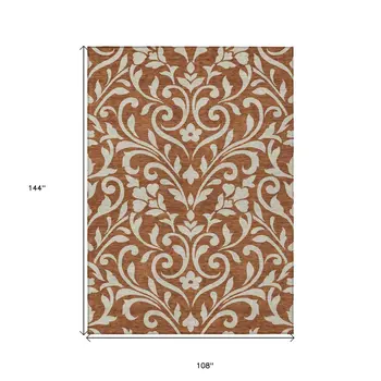 9' X 12' Brown And Beige Floral Washable Indoor Outdoor Area Rug