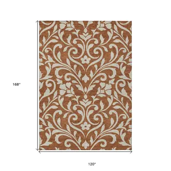 10' X 14' Brown And Beige Floral Washable Indoor Outdoor Area Rug