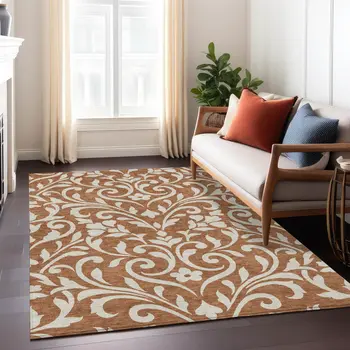 10' X 14' Brown And Beige Floral Washable Indoor Outdoor Area Rug
