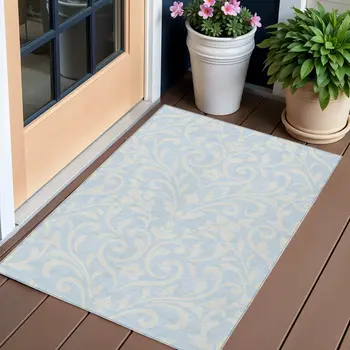 3' X 5' Sky Blue And Ivory Floral Washable Indoor Outdoor Area Rug