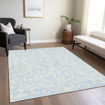 3' X 5' Sky Blue And Ivory Floral Washable Indoor Outdoor Area Rug