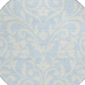 8' Sky Blue And Ivory Round Floral Washable Indoor Outdoor Area Rug