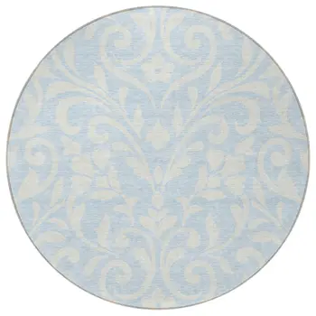 8' Sky Blue And Ivory Round Floral Washable Indoor Outdoor Area Rug