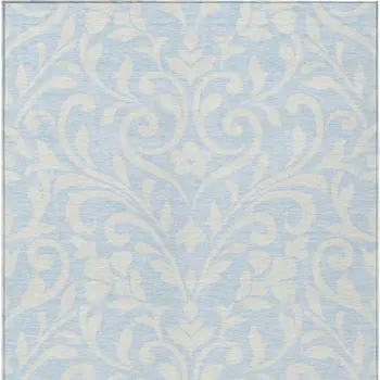 9' X 12' Sky Blue And Ivory Floral Washable Indoor Outdoor Area Rug