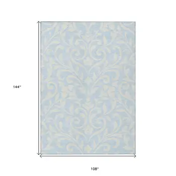 9' X 12' Sky Blue And Ivory Floral Washable Indoor Outdoor Area Rug