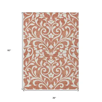3' X 5' Salmon And Ivory Floral Washable Indoor Outdoor Area Rug