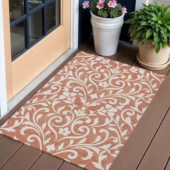 3' X 5' Salmon And Ivory Floral Washable Indoor Outdoor Area Rug
